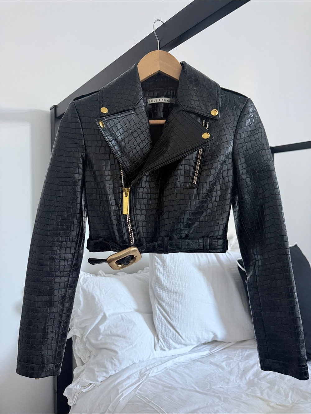 Alice + Olivia Black Croc-Embossed Leather Moto Jacket with Gold Hardware Accent